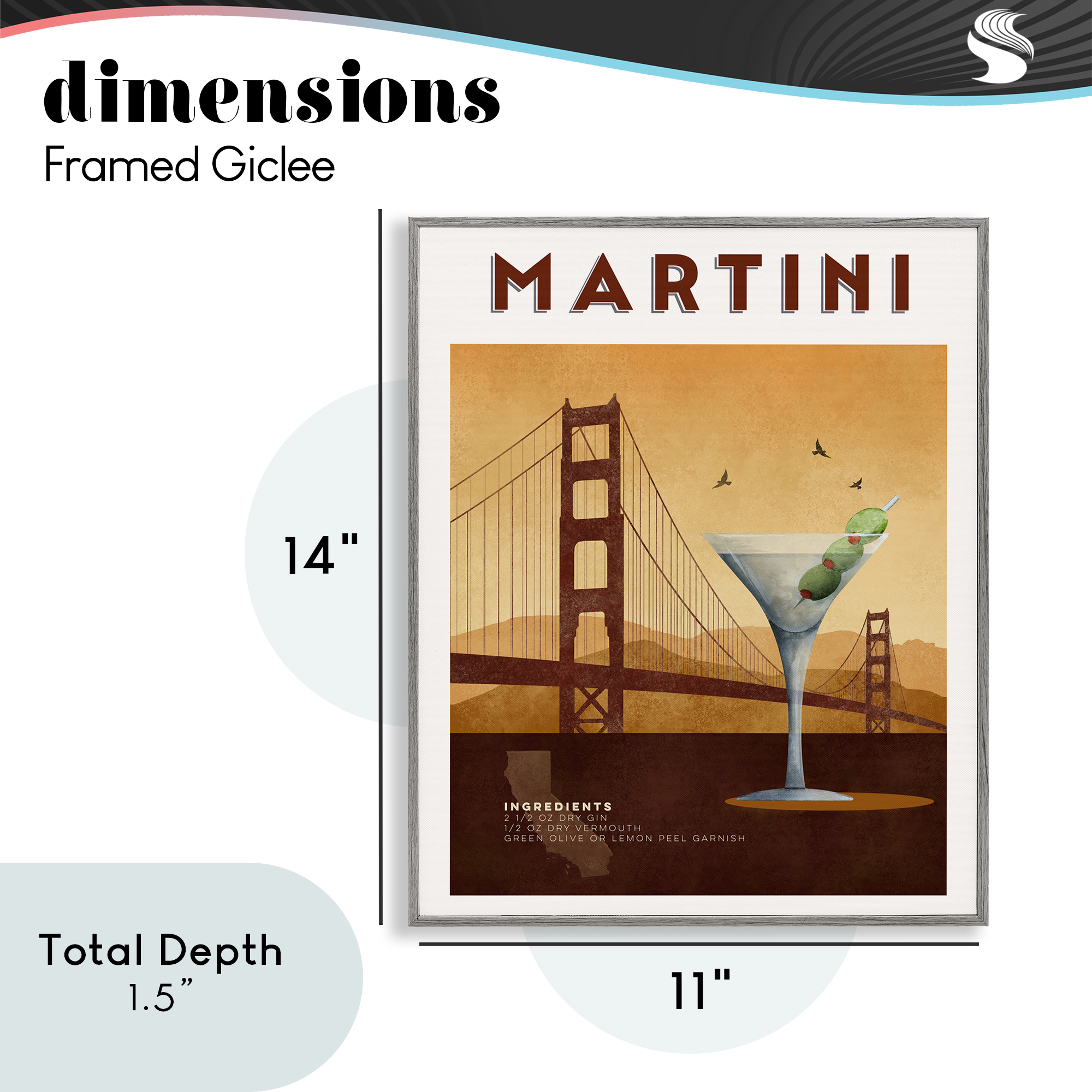 Retro Martini & Bridge View Gray Framed Giclee Art, design by Brett Blumenthal