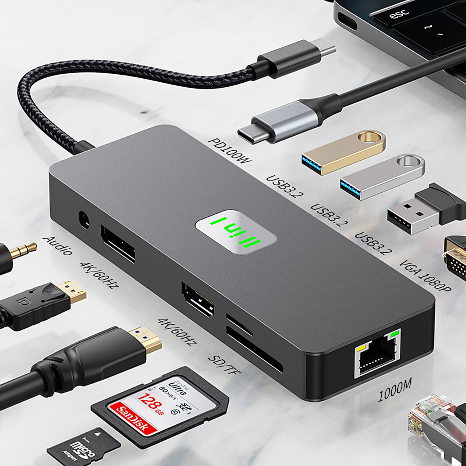 Prociv 11 in 1 Laptop Docking Station Dual Monitor, USB C Hub with Dual 4K 60HZ HDMI, 3 USB3.0 Ports, USB-C Data Port, PD 100W, 1000M Ethernet, SD/TF Card Reader, Audio
