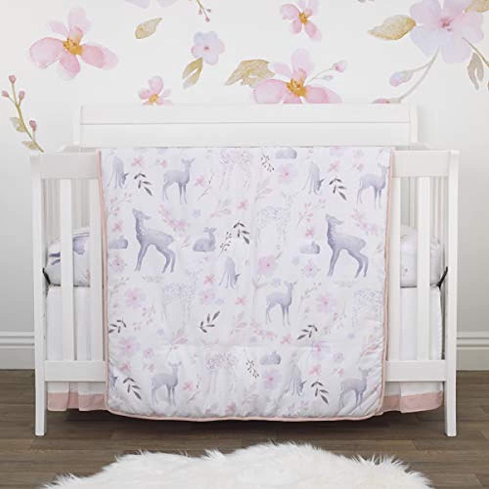 NoJo Watercolor Deer 4 Piece Nursery Crib Bedding Set, Pink/Grey/White/Blue