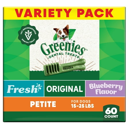 Greenies Adult Natural Dental Dog Treats 3 Flavors, Petite Size, (3) 12 oz Packs (60 Count)