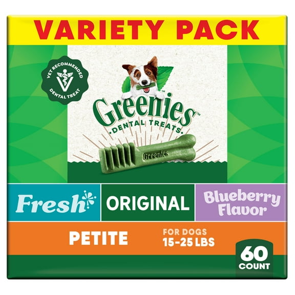 Greenies Adult Natural Dental Dog Treats 3 Flavors, Petite Size, (3) 12 oz Packs (60 Count)