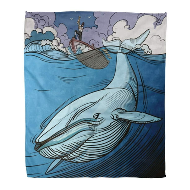 POGLIP Throw Blanket 58x80 Inches Baleen Blue Whale Being Hunted by Old Time Whalers Book Style Line Hand Harpoon Boat Warm Flannel Soft Blanket for