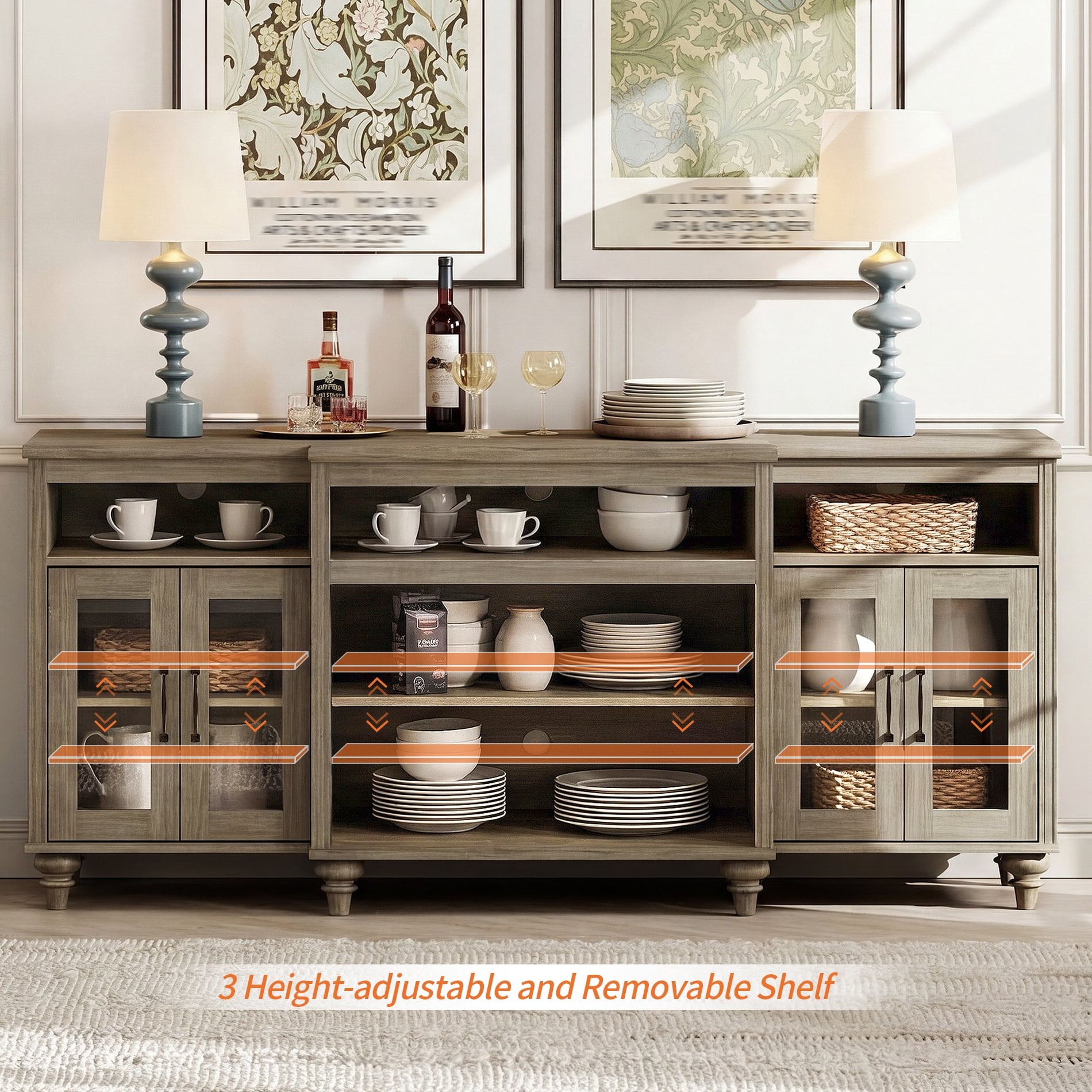 Farmhouse TV Stand for TVs Up to 75 inch, 4-Door Glass and Wood Universal TV Console with 9 Storage Cabinets, Entertainment Center Table for Living Room Bedroom, Wash Grey