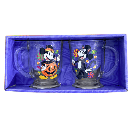 Disney Mickey and Minnie Halloween Glass Mug Set – 2 Pack Clear Cups with Festive Designs