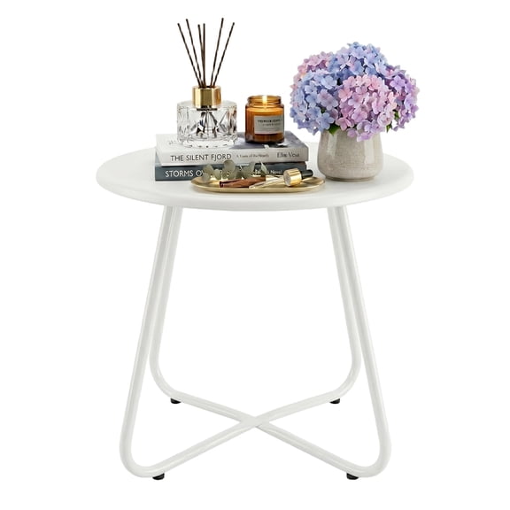 PinkSheep Round Metal End Table, Small Side Table for Patio Outdoor Indoor Lving Rooom Bedroom Balcony Yard, White