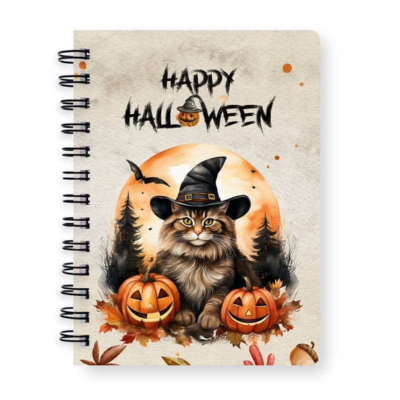 Happy Halloween Maine Coon Witches Hat Pumpkin Carving Spiral Bound Journal Cat Lover Kitten Owner Gifts 5x7in Spiral Notebook - 02019