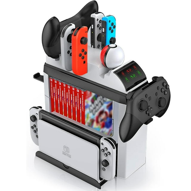 Soporte organizador de juegos y base de carga para Switch/Switch OLED/Joy-Cons/Pro Controller