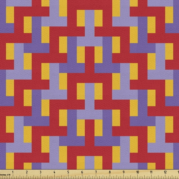 Colorful Sofa Upholstery Fabric by the Yard, Abstract Toned Chunky Rectangle Stripes Overlapping Geometrical Art, Decorative Fabric for DIY and Home Accents, Orange Red and Violet by Ambesonne