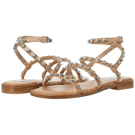 Steve Madden Women's Travel Flat Sandal Tan Studded Rhinestone Strappy Sandals (10)