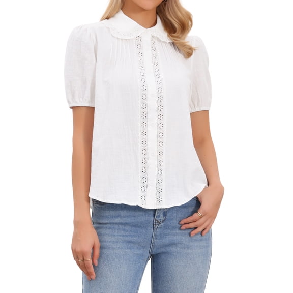 DARING DIVA Women's Short Sleeve Cotton Blouse Peter Pan Collar Crochet Panel Top XS White