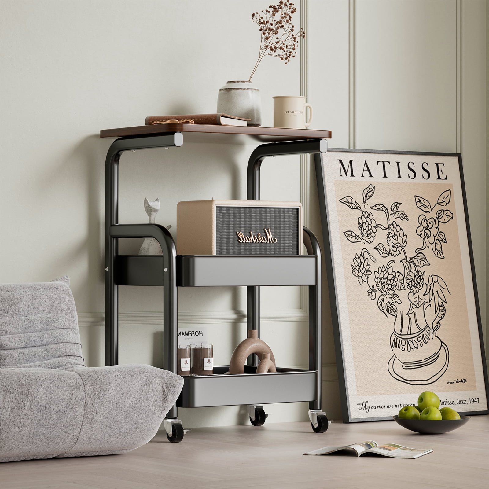 2-Tier/3-Tier Metal Rolling Utility Cart with Walnut Table Top, Lockable Wheels, Mobile Storage Organizer for Kitchen, Coffee Bar, Bathroom & Craft Room