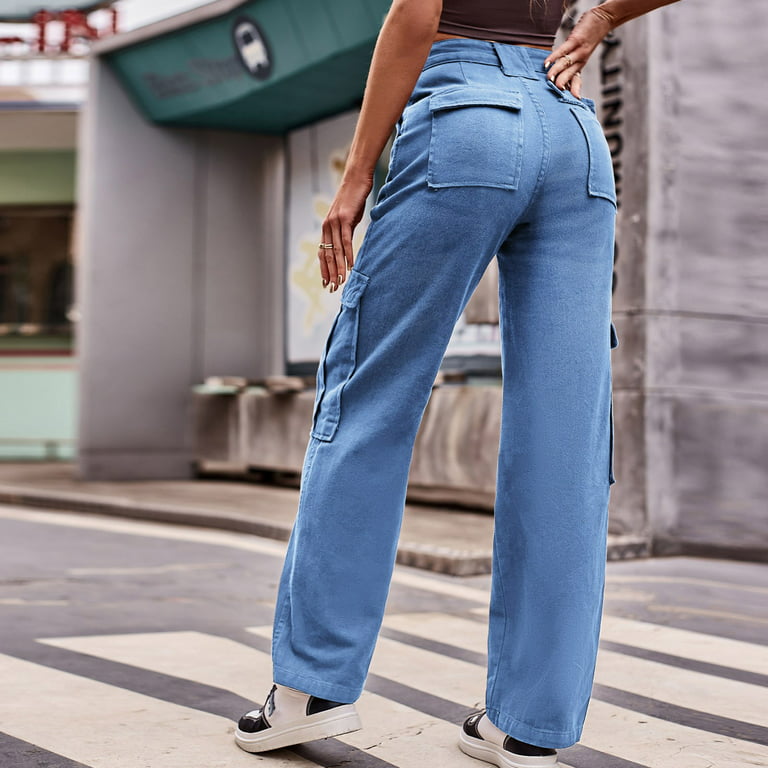 haxmnou women casual high waisted cargo pants wide leg casual denim  trousers multi pocket cargo jeans blue l