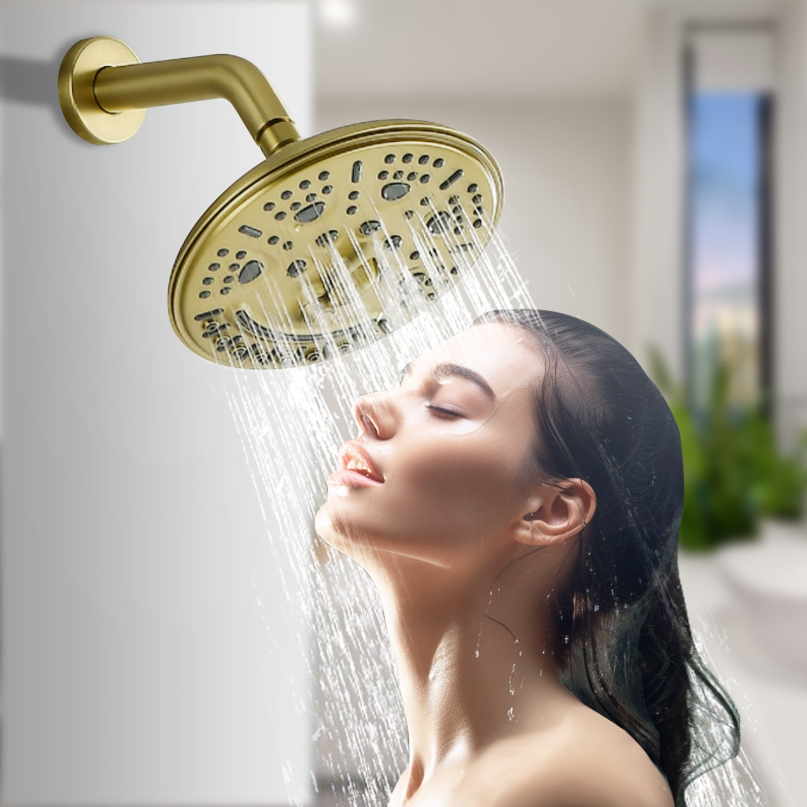 Cobbe 8-Inch Single Handle Bathroom Rain Shower Head Set with 6-Spray Patterns ABS Rainshower Showerhead Brushed Gold