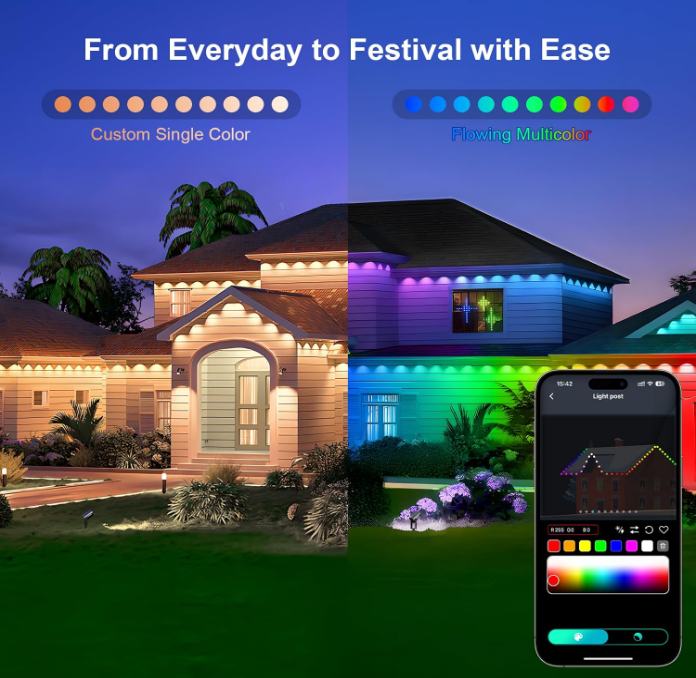 Permanent Outdoor Lights, 200-Foot RGBIC Eave Lights, IP67 Waterproof Home Lighting, Smart LED with App/Remote Control, Ideal for Outdoor Decor, Garden Decor, Parties, Holidays
