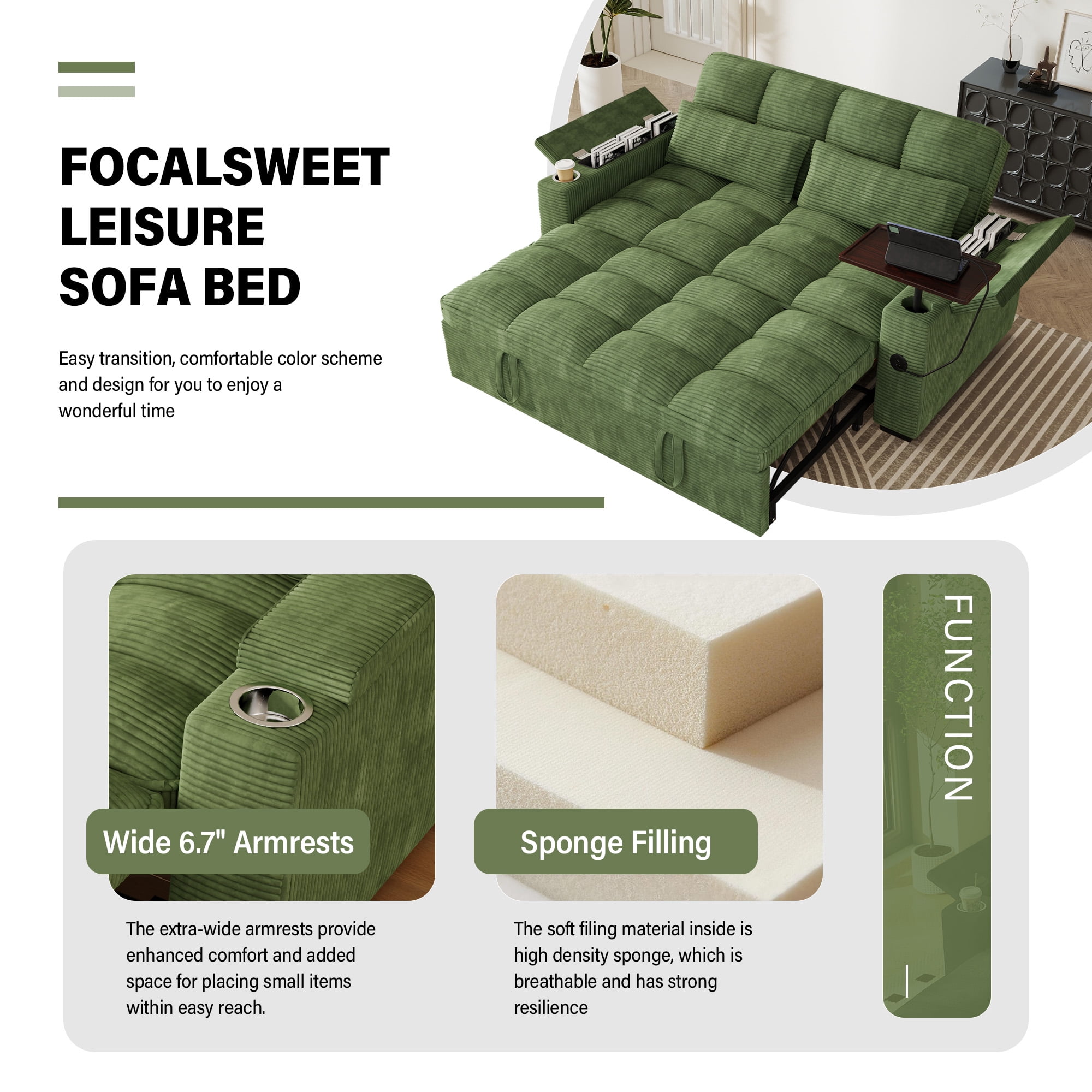 Aukfa 65"W Convertible Sofa Bed with Storage, 3-in-1 Corduroy Queen Sleeper Sofa Couch with 360° Swivel Side Table & USB /Type-C Ports,Green