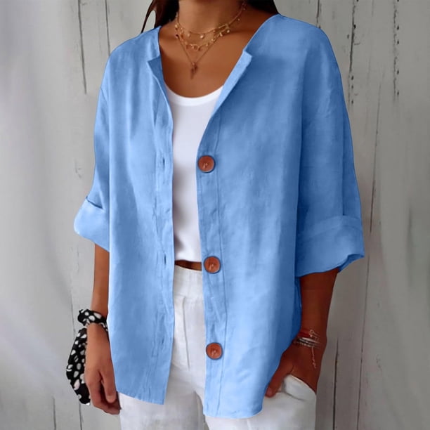 TaTaai Women's Summer Cardigan Top V-Neck Long Sleeve Linen Cotton Blend Button Front Loose Fit Casual Blouse Gift