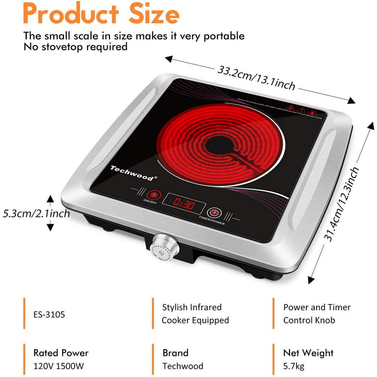 Techwood 1500W Hot Plate Electric Stove Single Burner Countertop Infrared Ceramic Cooktop, Portable Ceramic Glass & Stainless Steel