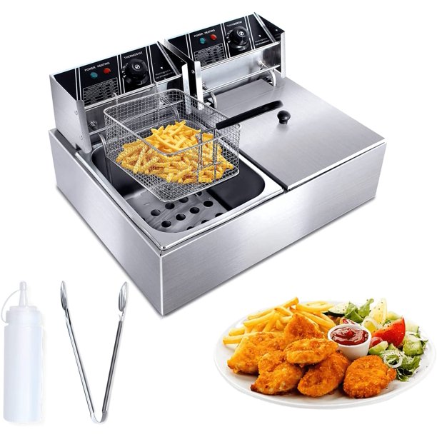 ZXMT Commercial Dual Deep Fryers with Two Baskets 110V 3400W Electric Double Fryers Pots 6+6L