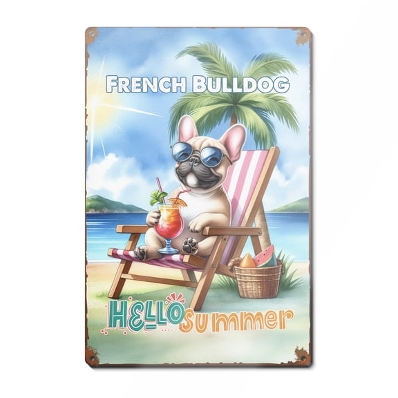 French Bulldog Hello Summer Beach Theme with Sunglasses and Tropical Cocktail Vertical Metal Aluminum Sign Dog Lover Gifts Wall Art Home Decor - 00009
