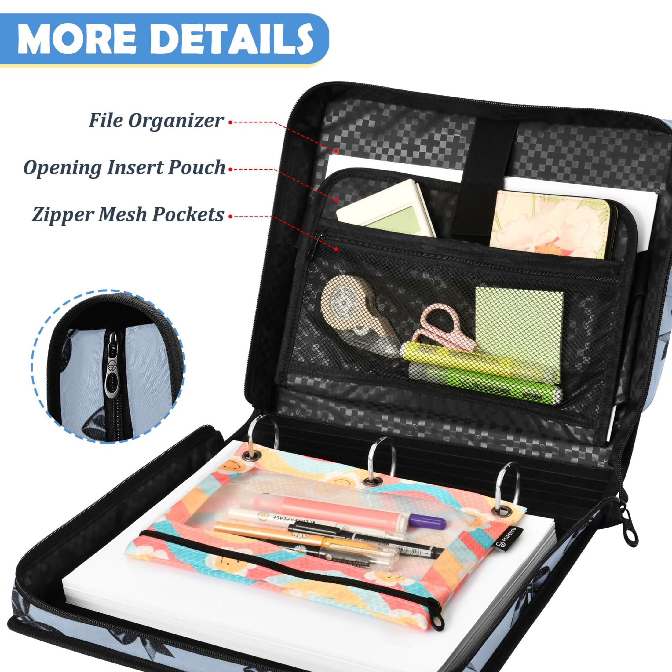 ALAZA Zipper Binder Glitter Bow Pattern 2 inch 3 Ring 500 Sheet Capacity Trapper Keeper File Folder Organizer Bag