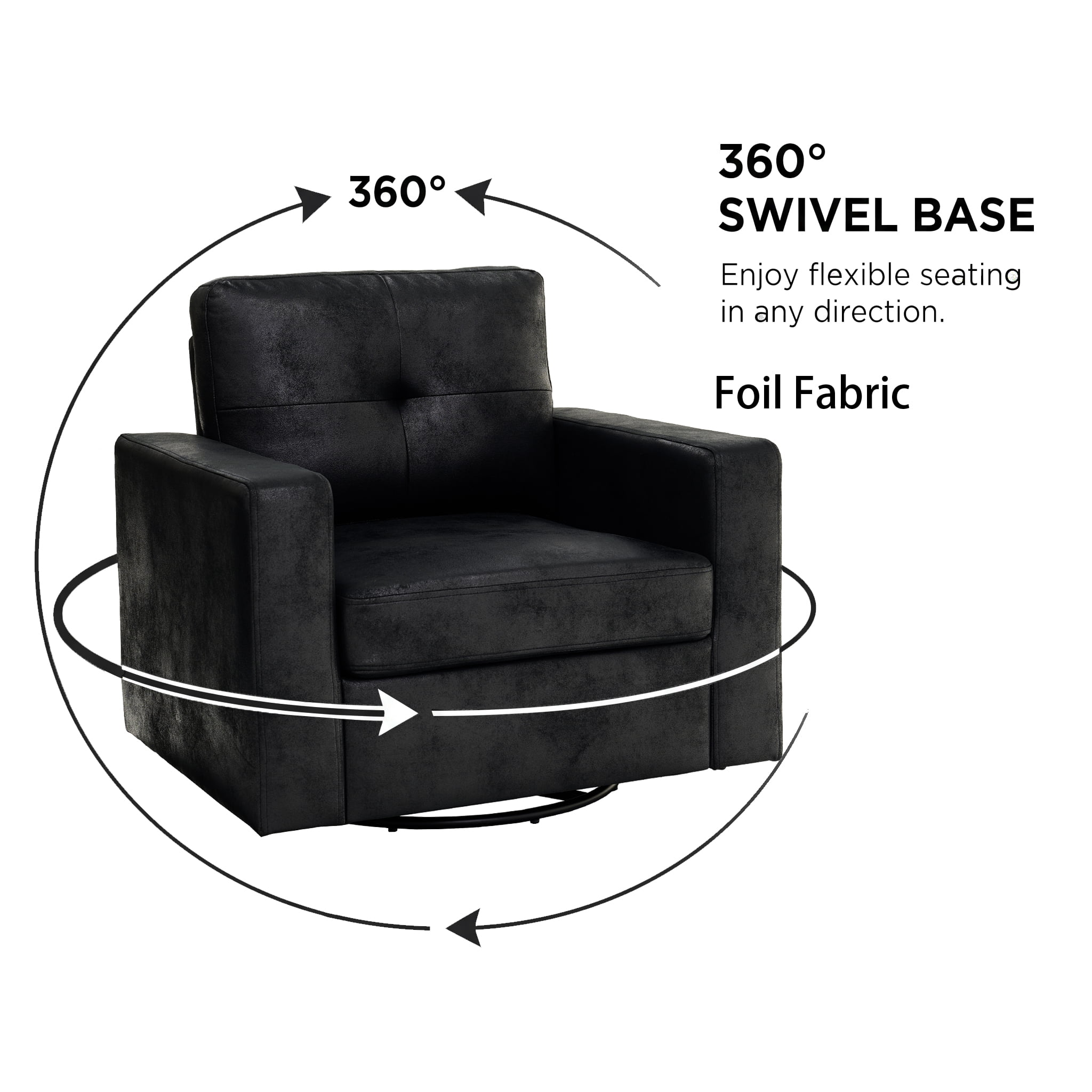MOONMISS 360° Swivel Accent Chair with Point-Tufted Back & Textured, Upholstery Square Arm Armchair with Metal Pedestal Base, Soft Pillows for Living Room, Bedroom