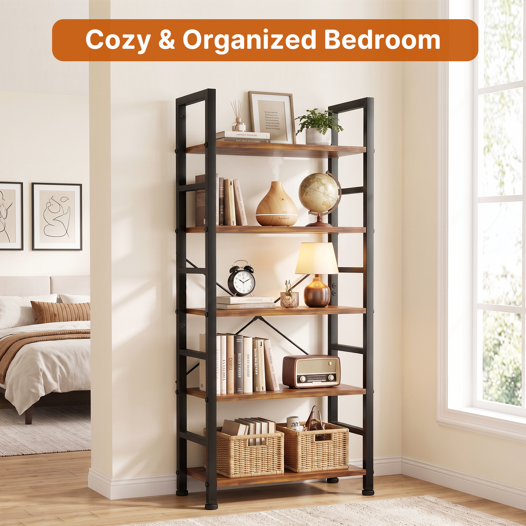 Atilioo 5-Tier Bookcase, 62 Inches Tall, Rustic Brown photo 2