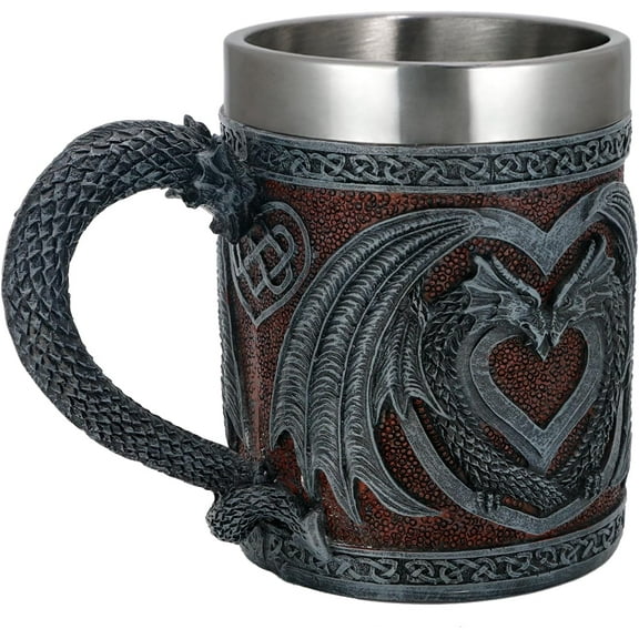 Medieval Double Dragon Coffee Mug - 15.8oz Valentines Dungeons and Dragons Gift Beer Steins Romantic Stainless Steel DnD Cup Dragon Coffee Mugs for Adults Wedding Girlfriend Wife Presents