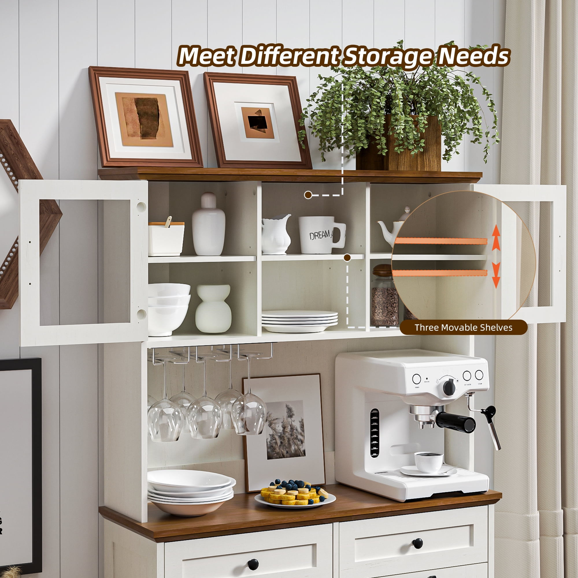 HARIPUL 2-in-1 Kitchen Trash Cabinet & Panty Cabinet, 26 Gallon Garbage Can, Freestanding Double Tilt Out Storage Cabinet w/ Shelves for Kitchen & Living Room, Antique White