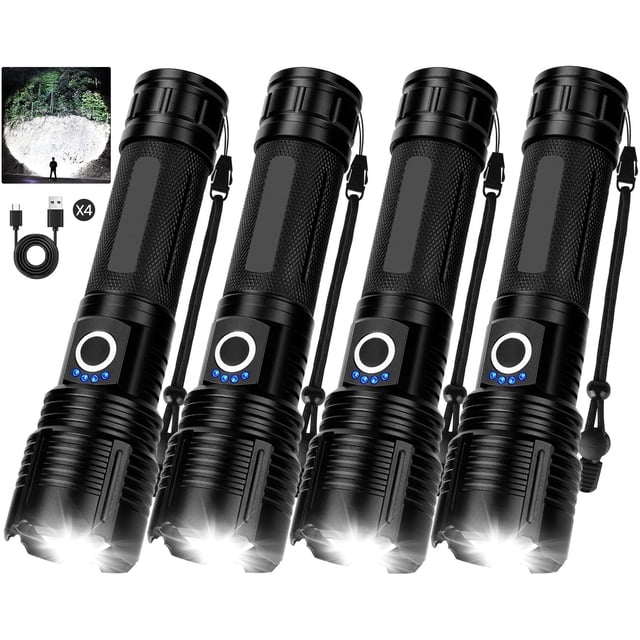 Ggpg Linternas de 100000 Lúmenes Altos, Recargables por Usb, Potentes, Impermeables, Súper Brillantes, para Acampar, Emergencias, Pesca, Senderismo, Paquete de 4