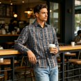 thumbnail image 3 of Men Lightweight Checkered Gingham Long Sleeve Button Front Shirt Regular Fit Stretch Lapel Collar Machine Washable Office Work Casual Outdoor Fall Wear Collection 3XL, 3 of 6