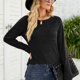 thumbnail image 3 of Jersey de manga larga con cuello redondo para mujer, dobladillo con abertura de color puro y bolsillo, ajuste holgado informal, negro L, 3 of 8