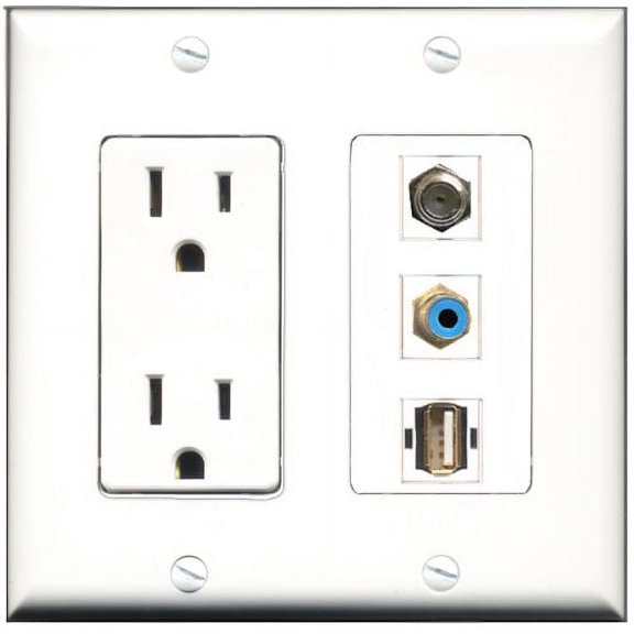RiteAV - 15 Amp Power Outlet 1 Port RCA Blue 1 Port Coax 1 Port USB A-A Decorative Wall Plate
