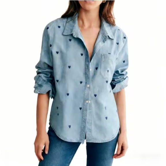 Inverlee Women's Cotton Linen Button Down Shirts Heart Print Long Sleeve Blouses Casual Lapel Collar V Neck Tops