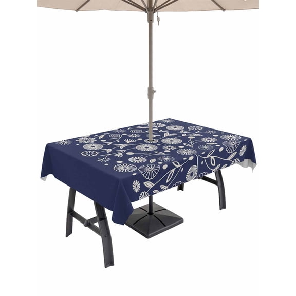 Outdoor Tablecloth with Umbrella Hole and Zipper, Japanese Rectangle Table Cloth 54x80 Inch Waterproof Tablecloth, Navy Blue Country Flowers Leaves Aesthetic Picnic Table Cover for Patio Camping