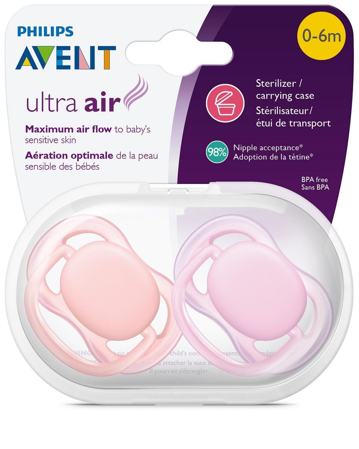 Philips Avent Ultra Air Pacifier, 0-6 months, pink/peach, 2 pack, SCF245/20