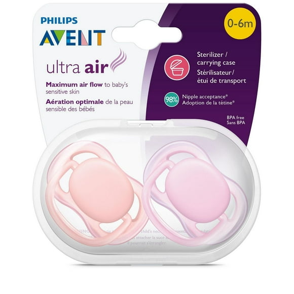Philips Avent Ultra Air Pacifier, 0-6 months, pink/peach, 2 pack, SCF245/20