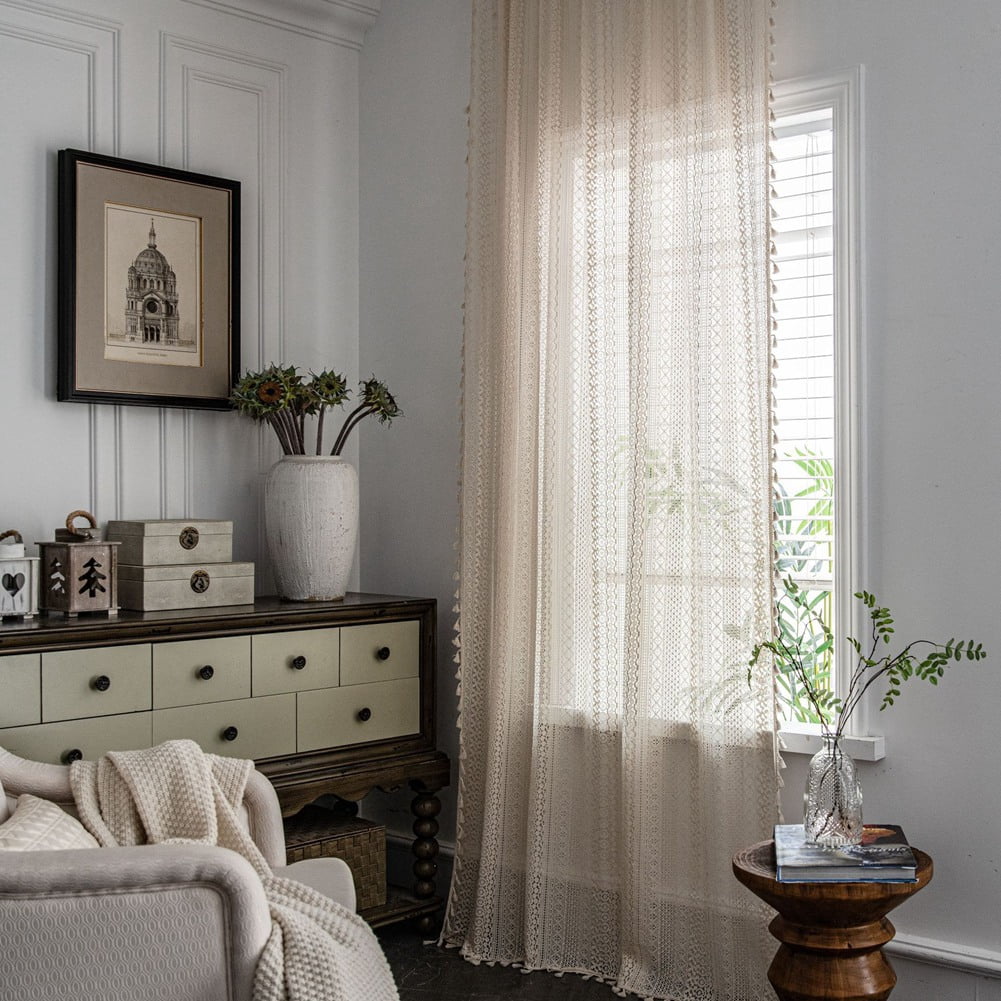 Boho Tassel Crochet Curtains for Living Room,Vintage Rod Pocket Bohemian Curtains Geometry Striped Knitted Lace Light Filtering Curtains for Bedroom Bay Kids Beige Knitted Lace 150*180cm