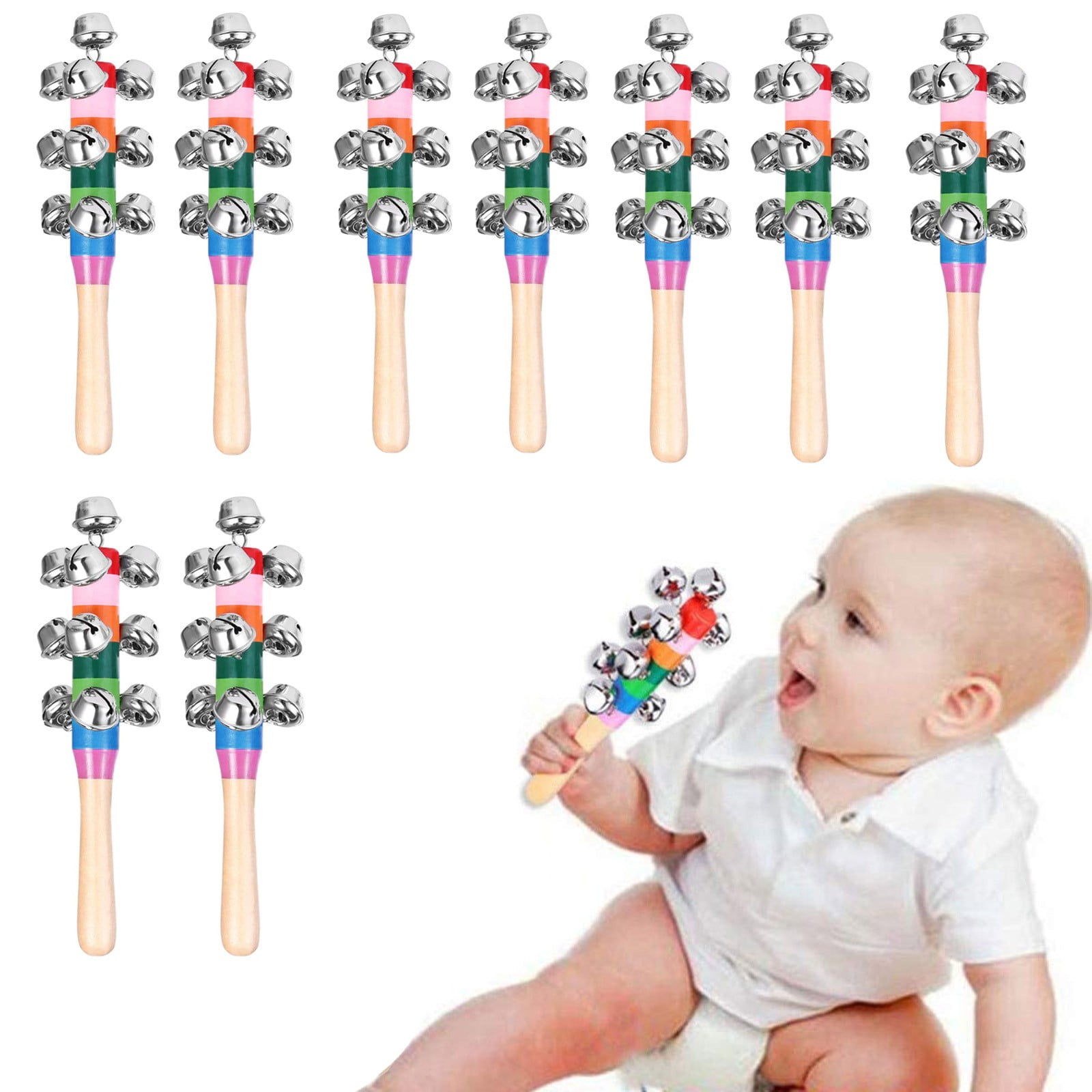 EQWLJWE 9PC Rainbow Handle Wooden Bells Hand Sleigh Bells, Jingle Stick