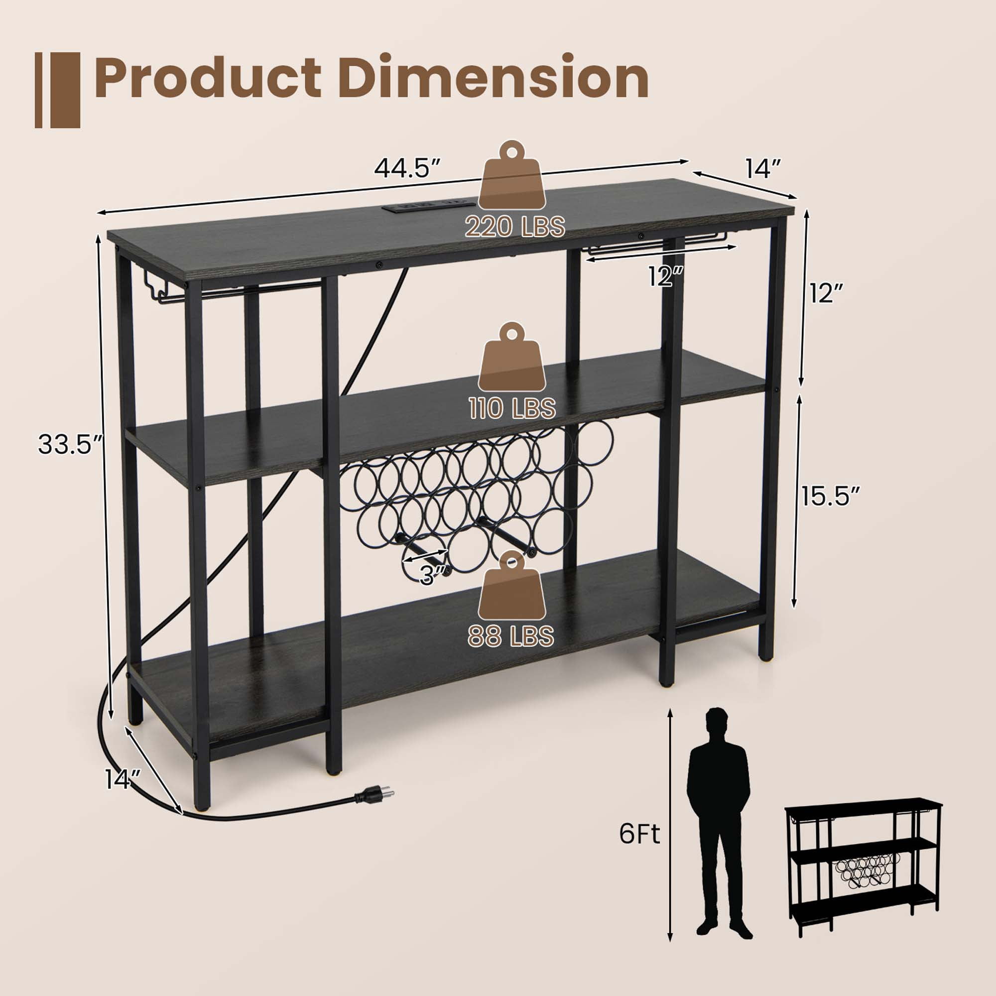 Costway  Cabinet Bar Table Rack Table for Drinks Glasses with Power Outlets Grey