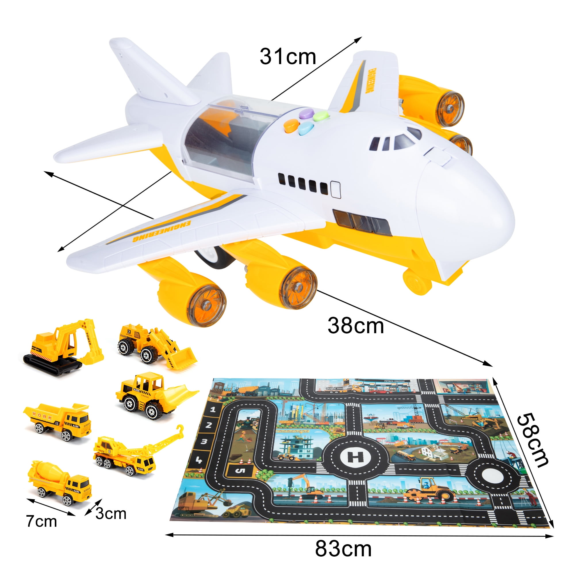 Car Toys Set with Transport Cargo Airplane Educational Vehicles Fire Fighting Car Set for Kids Toddlers Child Gift for 3 4 5 6 Years Old Large Play Mat 6 Trucks Large Plane 11 Road Signs 