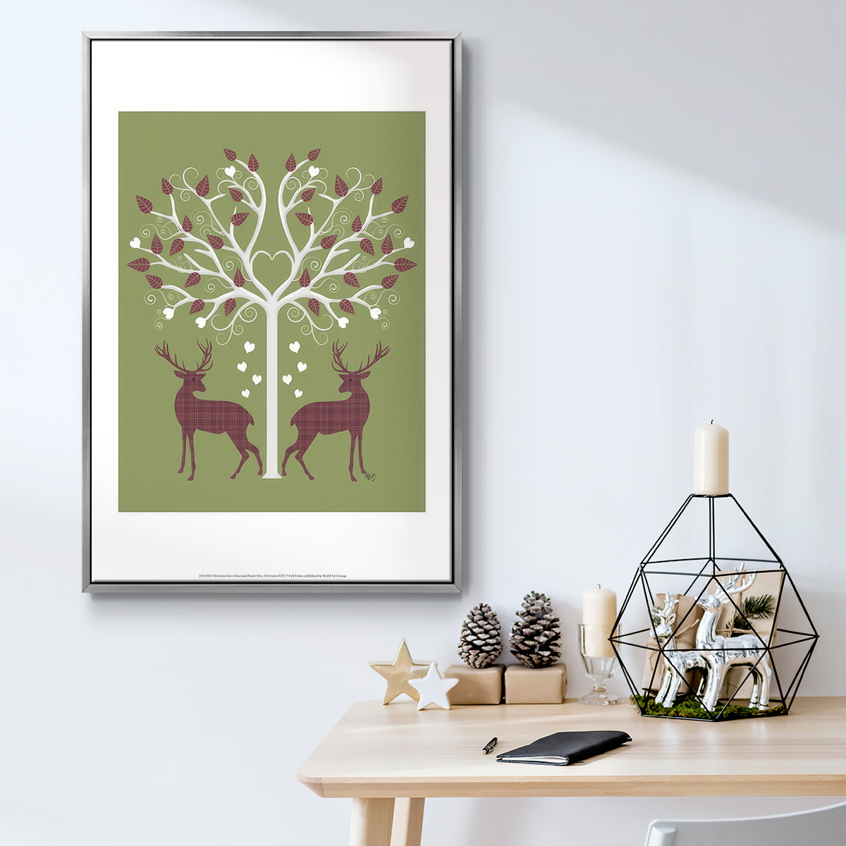 Christmas Des - Deer and Heart Tree, Pink On Green - Framed Gallery Wrapped Holiday Canvas - 25 x 37 - Silver Frame