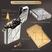 Luxury Retro Soft-Flame Refillable Brass Kerosene Lighter,Automatic Ignition,Safety Lock,Electroplated Chrome Color, Engraving, Collectible, Mens Gift, Thorens Gen 3 Single Claw Modern Grid
