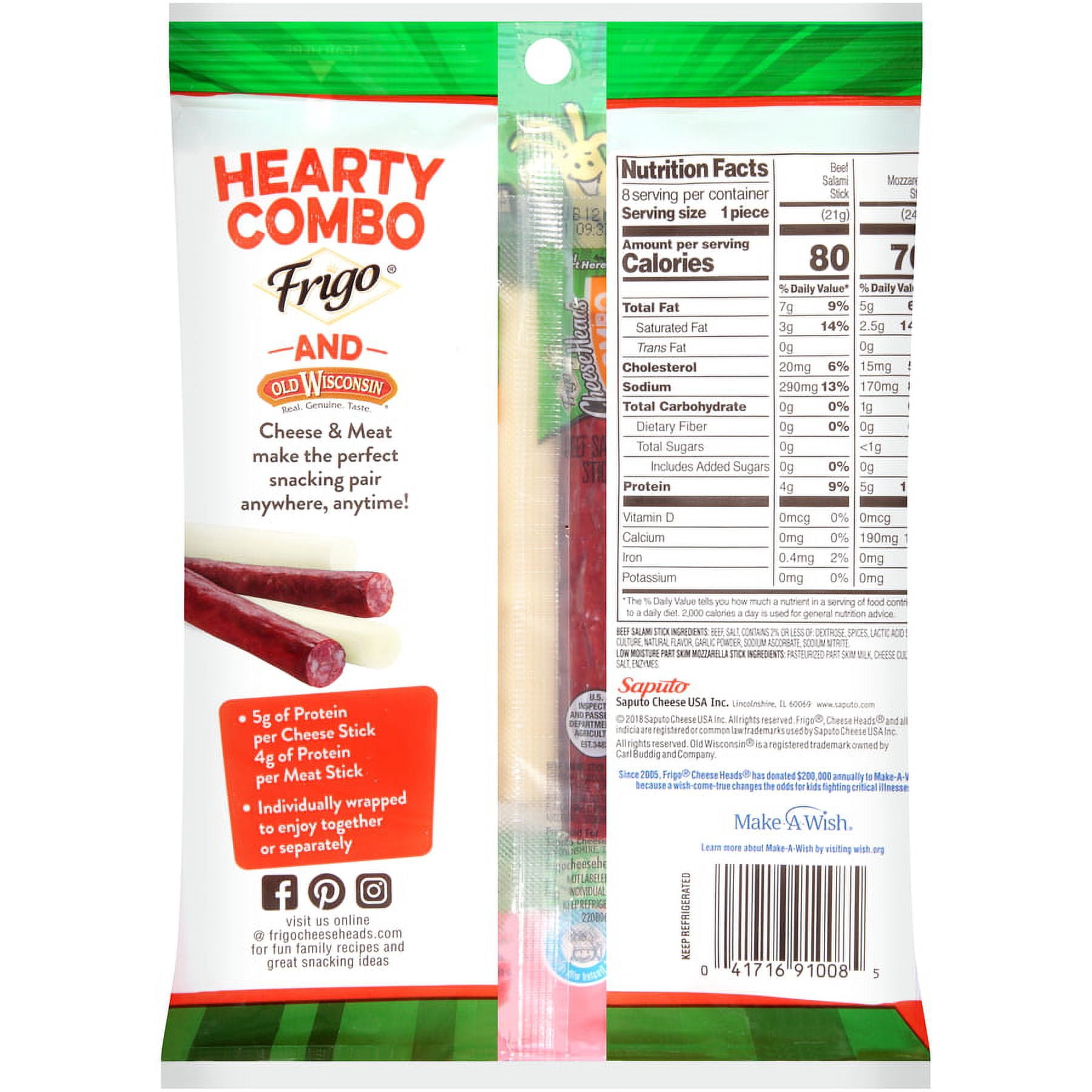 Frigo Cheese Heads Mozzarella Cheese & Salami Sticks, 6.3 oz, 8 Count
