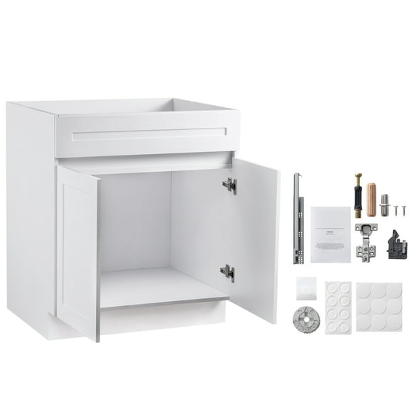 KFFKFF Unassembled White Shaker Base Cabinet, 30-Inch Sink Base Cabinet, Dimensions: 30" W x 24" D x 34.5" H, Comes with Soft-Close Doors and Adjustable Shelf, Suitable for Home Office