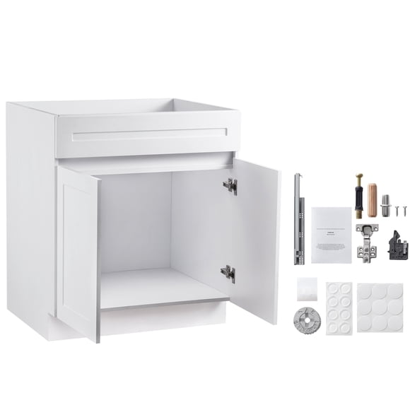 KFFKFF White Shaker Base Cabinet, 30-Inch Unassembled Sink Base Cabinet, 30" W x 24" D x 34.5" H Ready to Assemble Cabinet with Soft-Close Doors and Adjustable Shelf