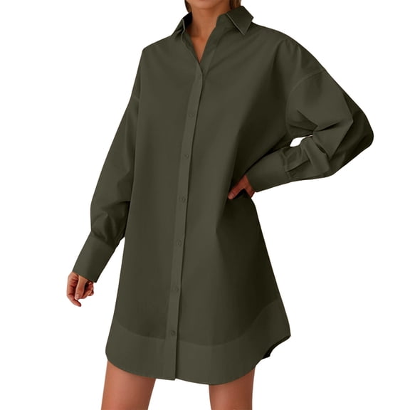 Casual Loose Fit Long Sleeve Shirt for Women Pure Color Lapel Blouse Versatile Wear Elegant Basic Army Green L