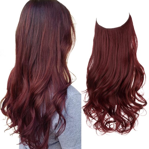 SARLA Extensiones de cabello de alambre invisible de color burdeos con 3 clips de largo sintético ondulado rizado diadema ajustable transparente para mujeres 18 pulgadas rojo vino