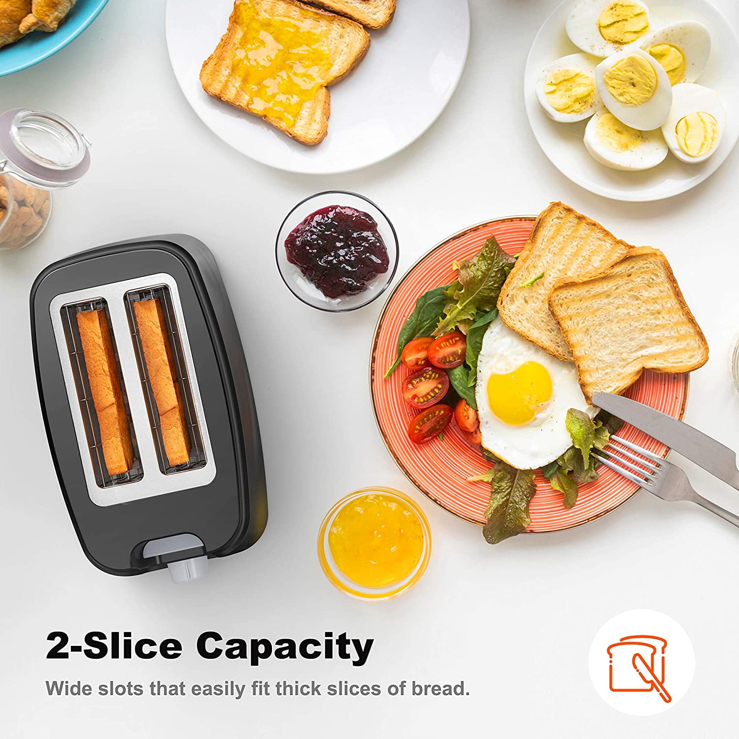 Peach Street 2 Slice Toaster Compact Bread Toaster with Digital Countdown,  Wide Slots, Auto-Pop Stainless Steel, 6 Browning Levels, Removable Crumb