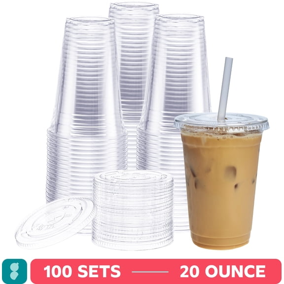 GUSTO 20 oz Clear Plastic Cups with Flat Lids, Disposable Drinking Cups for Iced Coffee, Milkshakes, & Smoothies, 100 Count