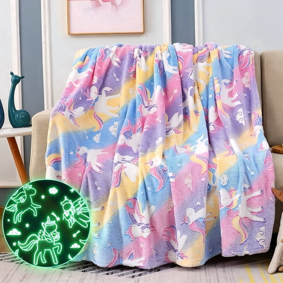 LukcyApr Unicorn Glow in The Dark Blanket ,50"x60",Unicorn Blanket for Kids,Blanket for Teen Girls, Unicorn Birthday Gift